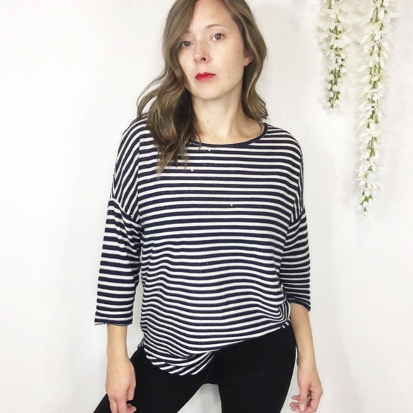 LOFT Tops - LOFT blue & white stripe top sequin 3/4 sleeve 690